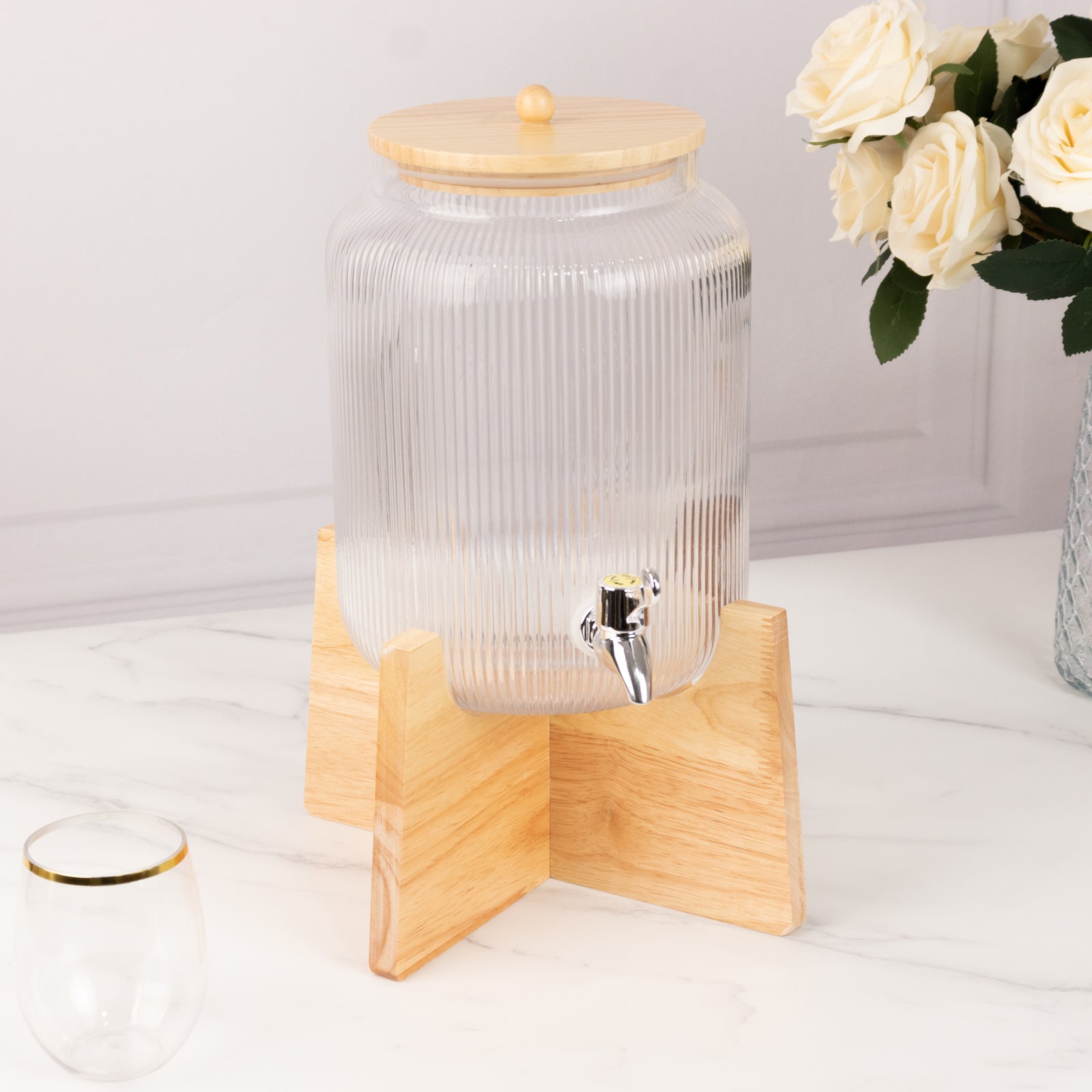 1 Gallon Clear Ribbed Glass Beverage Dispenser with Spigot 14", Wooden Stand and Lid Round Juice Jar - Lead-Free Countertop Feature