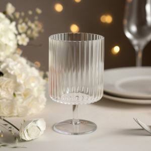 12-Pack Clear Plastic Wine Glasses 12oz, Vintage Ribbed Pattern Short Stemmed - Reusable Shatterproof Goblets