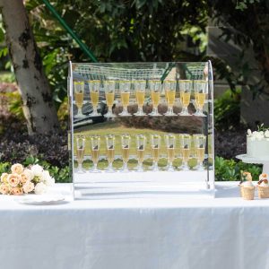 2-Tier Champagne Glass Holder Display Stand Table Top 25" in Silver Mirror Finish with 18 Hooks, Stylish Stemware Rack Cocktail Drink Holder for DIY