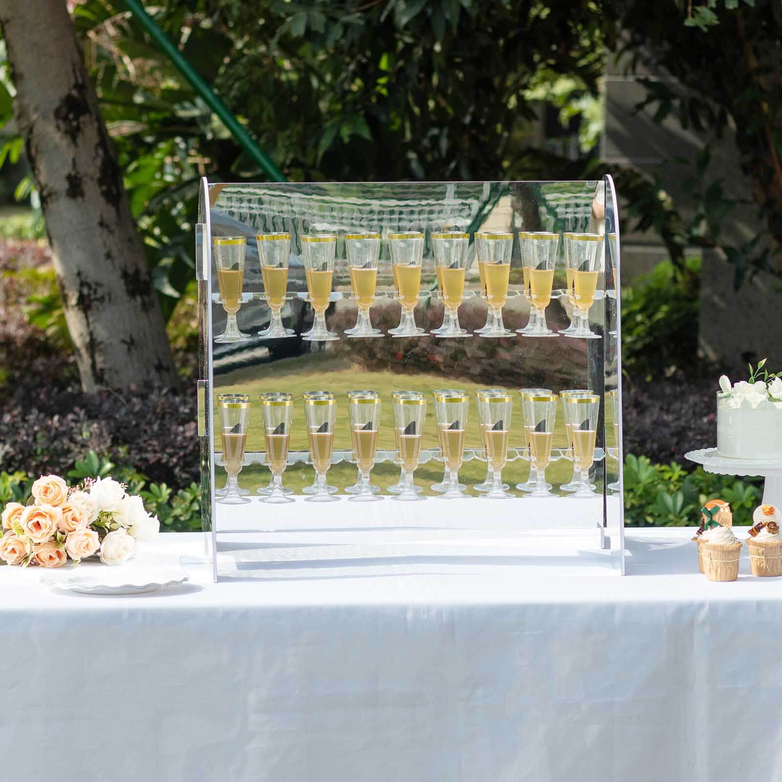 2-Tier Champagne Glass Holder Display Stand Table Top 25" in Silver Mirror Finish with 18 Hooks, Stylish Stemware Rack Cocktail Drink Holder for DIY